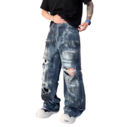 Baggy Jeans Men Distressed Y2k Jeans Men Washed Ripped Relaxed Fit Streetwear Wide Leg Denim Pants