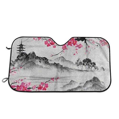 HONGSH Car Windshield Sun Shade, Japanese Oil Painting Cherry Blossom ...