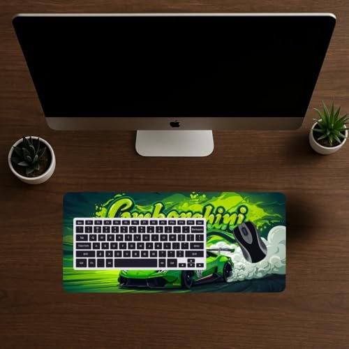 Image of Moto Edition Desk Mat 23x11 Inch - Racing-Themed Keyboard & Mouse Pad for Office, Home & Gaming | Non-Slip Rubber Base, Waterproof Surface, Supercar & Bike Inspired Table Mat (Green Lambo)