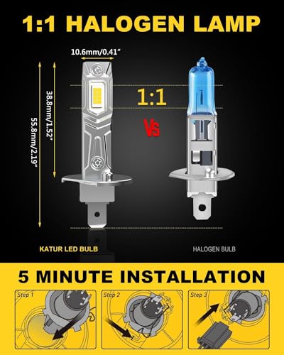 KATUR H1 LED Headlight Bulbs, H1 LED Bulb 26000LM 6000K White 500% Brightness Fanless Waterproof Mini Size Plug and Play Conversion Kit Halogen Replacement, Pack of 2 - Image 3