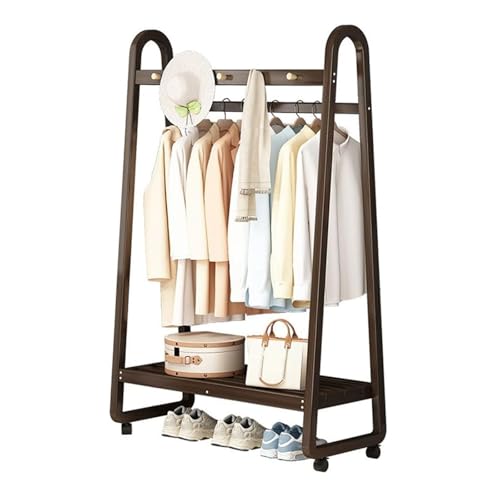 Multifunctional Rolling Clothes Rack with 3 5 Hooks Bamboo Shoe Storage Shelf Portable Garment Stand for Bedroom & Living Room Walnut Color 100CM Size