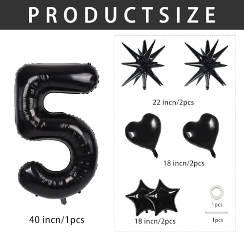 Image of TONIFUL 5th Birthday Balloons Kit 40 Inch Black Large Number 5 Foil Balloon