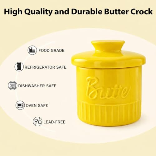 Image of Butter Crock with Water Seal Lid - 192 mL Ceramic Butter Keeper, Airtight French Butter Dish, Countertop Butter Storage Container, Dishwasher Safe, Yellow