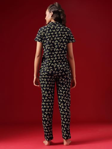Image of Clovia Women's Cotton Printed Button Down Shirt & Pyjama Night Suit Set
