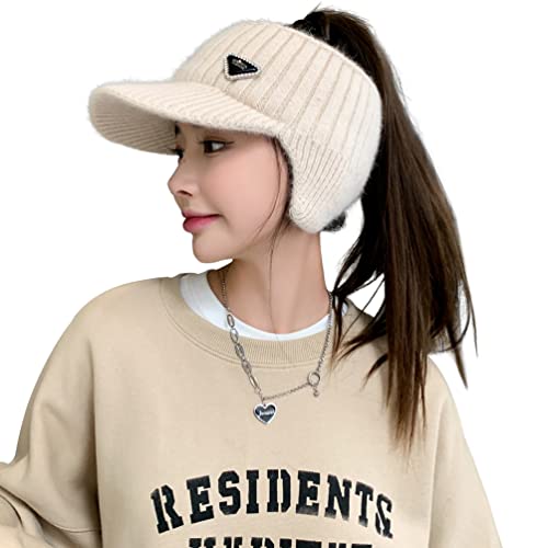 Image of Open Beanie with Earflaps Visor Brim Bun Ponytail Winter Golf Tennis Hats Women