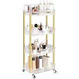 Dttwacoyh 4-Tier Rolling Cart，Makeup Cart with Wheels，Snack Cart，PET and Metal Rolling Cart for Living Room，Kitchen，Office，Bathroom，Golden