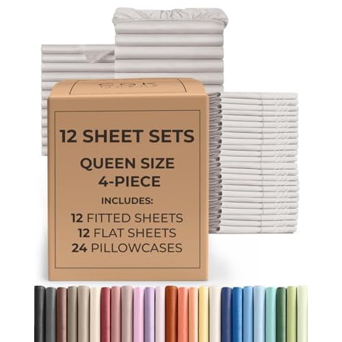 Bulk Case Pack of 12 Sheet Sets - (12) Complete Sheet Sets - Bulk Queen Bedding - Wholesale Case Pack for Hotels, Spa & Airbnbs - Deep Pocket & Wrinkle Free - Cooling & Breathable - Queen, L