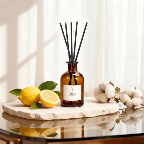 Reed Diffuser Set, 8.12 fl.oz Linen Scented Oil Diffuser, Home Fragrance Reed Diffusers for Bathroom Shelf Decor & Air Fresheners - Includes Reed Diffuser Sticks, 2 Pack Fragrance Oil & Glass Bottle - Thumbnail 4