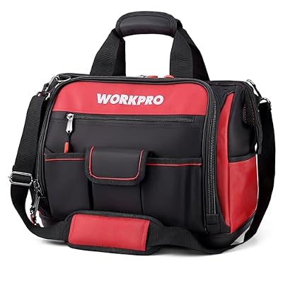 WORKPRO Bolsa de Herramientas 42 x 25 x 34 cm, Bolsa de Herramientas con Carga Máxima 18-30kg, Respaldo Rígido Resistente al Agua, Correa Ancha Ajustable para el Hombro, Cremallera Flexible