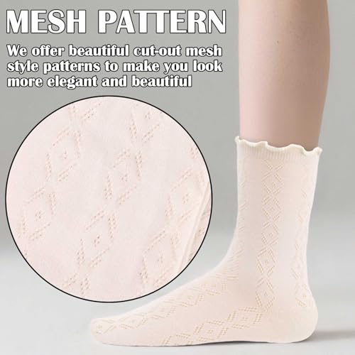9 Pairs Ruffle Ankle Socks Women, Frilly Mesh Crew Socks Black White Beige3