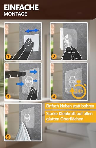 4smile Klebehaken extra stark, 30 Stück, 10 kg Klebehaken outdoor wetterfest, wasserdichte Haken selbstklebend, Wandhaken selbstklebend, transparent - Decke und Wand, Mehrzweck für Küche, Bad