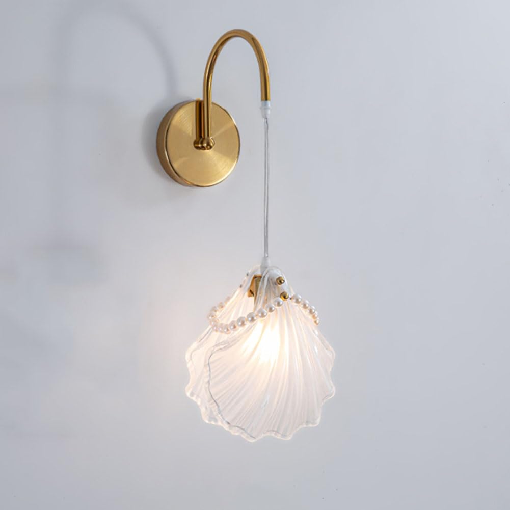 LOGT Shell Wall Light Indoor Shell Wall Lamp E14 Up and Down Adjustable Cable Sconces Brass Base Crystal Bedside Lamp Vintage Bed Lamp for Kids Bedroom
