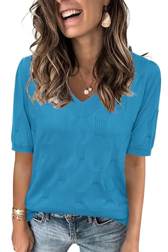 Image of Arach&Cloz Women's Lightweight Spring Summer Sweater Tops Casual Short Sleeve Blouses Shirts