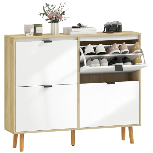 HOMCOM Zapatero Estrecho con 4 Puertas en Blanco Brillo, Zapatero...