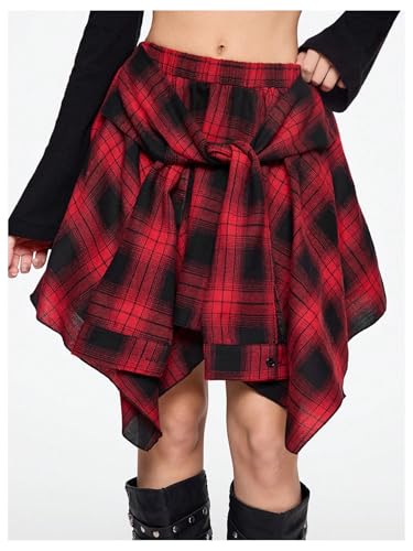 GORGLITTER Women's Y2k Goth Plaid Ruffle Flowy Asymmetrical Skirt Western Cowgirl Skirts4