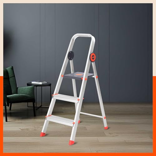 Image of Bathla Advance Pro 3-Step Foldable Aluminium Ladder for Home | Heavy-Duty & Anti-Slip Steps with Sure-Hinge Technology | 7-Year Manufacturer Warranty | Orange