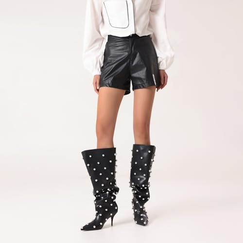 Wide Calf Boots for Women 3.4 Inch Stiletto Heels Knee High Pointed Toe Studded Black Pull On Fashion Tall Boots Y2K Style Comfortable4