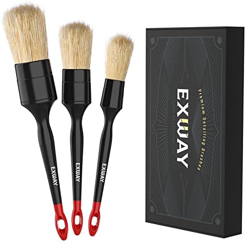 Exway Car Detailing Brushes Set (3 Pack) Premium Natural Boar Hair Auto Cleaning Brush for Washing Automotive Interior or Exterior, Leather Seats, Dashboards, Wipers, Air Vents