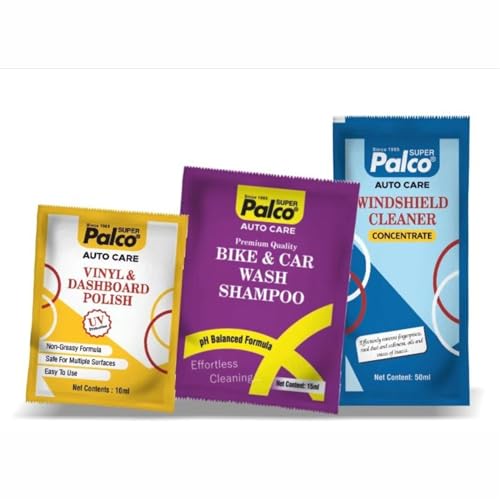 Image of PALCO Combo Auto Care 3 Products | Vinyl Dashboard Polish 5 x 10ml, Bike & Car Wash Shampoo 5 x 15ml, Windshield Cleaner 5 x 50ml | Auto Care Solution Cleaning Kit for Car Brilliant Shine