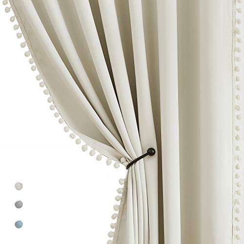 Image of Treatmentex Pom Pom Curtains for Bedroom Windows 90 inch Energy Efficient Thermal Insulated Living Room Darkening Curtain Panels for Kitchen Nursery Room Ivory 52 inch w x2 Panels Rod Pocket