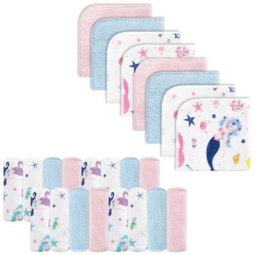 Image of Baby Washcloths, 24Pack Baby Wash Cloths Extra Soft & Ultra Absorbent, Baby Towels and Washcloths Face Towels for Unisex Boys Girls Body, Washclothes Gentle on Sensitive Skin, 9x9 Mermaid