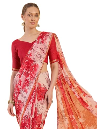 Image of SIRIL Women's Printed Chiffon Saree with Unstitched Blouse Piece