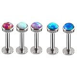 5PCS 16G Fire Opal Labret Piercing Stainless Steel Tragus Helix Lip Monroe Body Piercing Stud (4mm Opal / 8mm Bar Length)