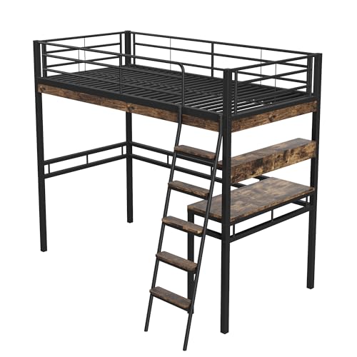Azkoeesy Cama Alta con Escritorio 90 x 200 cm Individual de Metal Juvenil con Escalera para niño