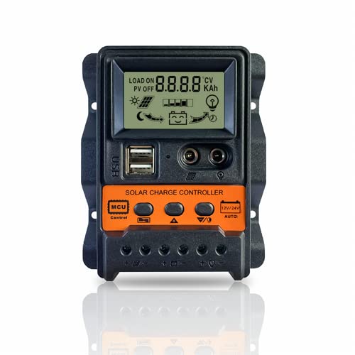 PMSUN 30A Solar Charge Controller 12V/24V PWM Solar Panel Battery Controller Dual DC+USB LCD Display Compatible with Sealed, Gel, and Flooded Cover