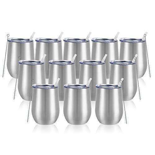 12 Pack Stainless Steel Wine Tumblers, 12Oz Double Wall Vacuum Insulated Wine Tumblers with Lids and Straws, Stainless Steel Stemless Wine Glasses for Coffee, Wine, Cocktails, Champaign, Silver