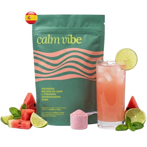 CALM VIBE - Bebida Relajante en Polvo - Sabor Sandía Lima - Magnesio Bisglicinato y Citrato, Ashwagandha, Teanina, Melena de León y Vitaminas D, B6 y B12. 150g - 30 Raciones, by Nutrivibe®