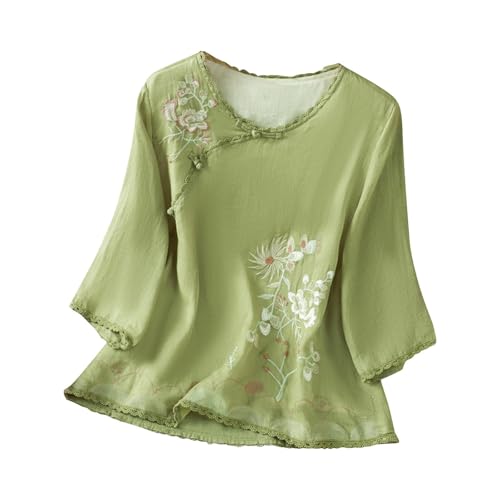 Floral Embroidered Blouse Lace Trim 3/4 Sleeve Tops Retro Chinese Frog Button Tees Shirts Traditional Hanfu Cheongsam
