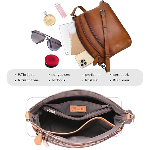 Image of HESHE Crossbody Bags for Women Genuine Leather Purses with Multi-Pockets Vintage Ladies Small Shoulder Satchel Bag