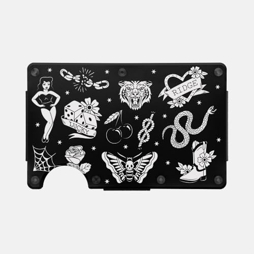 Image of Ridge Wallet for Men - Slim Minimalist Compact Wallet and Card Holder, RFID Protected Front Pocket Wallets for Men with Integrated Cash Strap, American Traditional Tattoo B&W, One Size, Hex Ridge