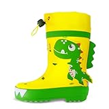 HSYAAMOO Kids Rain Boots with Drawstring – Yellow Rubber Toddler Rain Boots with Green Dinosaur Pattern, Waterproof Lightweight Non-Slip Boots with Breathable Lining for Boys & Girls Outdoor Play