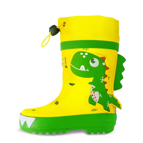 HSYAAMOO Kids Rain Boots with Drawstring – Yellow Rubber Toddler Rain Boots with Green Dinosaur Pattern, Waterproof Lightweight Non-Slip Boots with Breathable Lining for Boys & Girls Outdoor Play