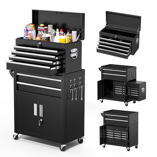 Greenvelly 8-Drawer Rolling Tool Chest, Pre-Assembled 2-in-1 Detachable Metal Tool Box with Wheels, Lockable Steel Tool Chest with Drawer Liners & Side Hooks for Garage, Workshop, Repair Room (Black)