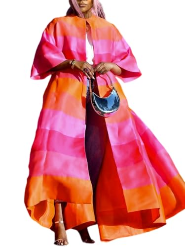 UOOZEE Women's Oversized Striped Lightweight Long Coat Open Front Pink Orange Color Block Kimono Jacket Casual Outerwear