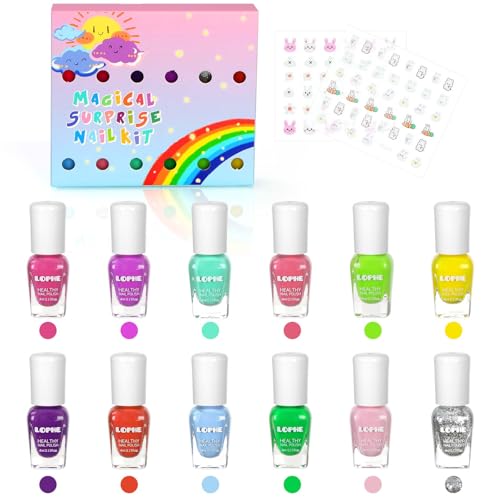 LOPHE Smalto per Unghie per Bambini, Set di Smalti Peel-Off a Base d'Acqua 12 Pezzi, Smalto Bambina Non Tossico per Ragazze, Regalo per Bambini, 4ML, con Adesivi (B)