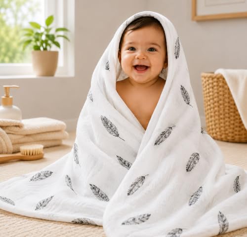 Image of 100% Cotton Muslin Baby Swaddle & Bath Towel, 120 x 120 cm (47 x 47 Inches), Soft & Breathable Newborn Baby Swaddle Wrap, Lightweight Cotton Baby Blanket, 0-18 Months, Black Plus +Black Wing, Set of 2