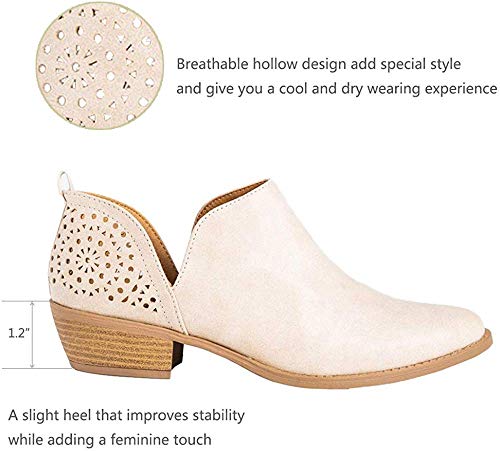 JITUUE Ankle Boots for Women Casual Cut Out Slip On Low Heel Short Chunky Stacked Heel Perforated Side V Cut Western Booties Cutout Shoes (Beige, US 6.5) — view 4