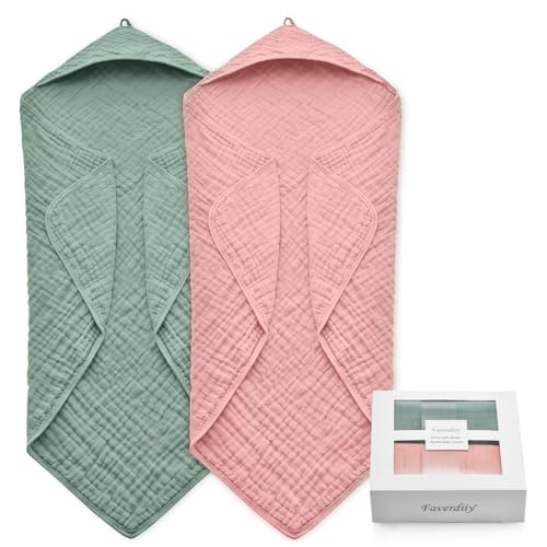 Image of FAVERDIIY Hooded Baby Towels for Newborn, 35x35 Inch 2 Pack 100% Muslin Cotton Baby Bath Towel with Hood for Baby Toddler and Kids Baby Boy & Girl Towels, Dusty Pink+ Roman Green