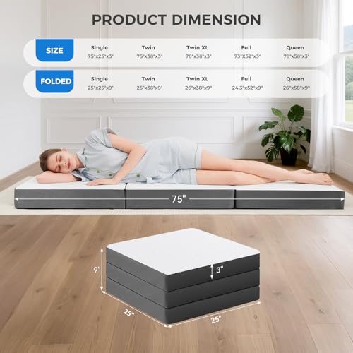 Image of MASVIS Trifold Mattress, 3 Inch Memory Foam Foldable Mattress with Washable Cover, Tri-Folding Floor Bed for Camping, Single
