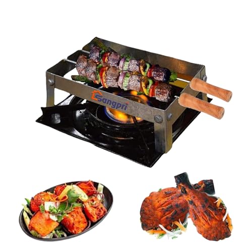Image of Small Gas Stove BBQ Grill Stand | Barbecue Grill Set with Grill Jali, 2 Skewers, Gas Lighter & Silicone Spatula and Oil Brush | For Tandoori, Paneer Tikka & Kebabs
