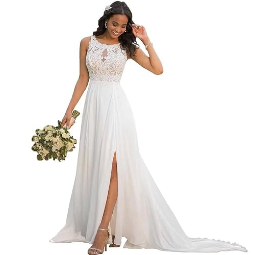 Chiffon Lace Wedding Dresses for Women A Line Beach Bridal Gown Ivory