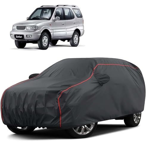 Image of Sulfar 100% Water Resistant Car Body Cover Compatible with Mirror for Tata Safari Dicor (Triple Stitched, Full Bottom Elastic, Dark Grey Taffeta with Red Piping)