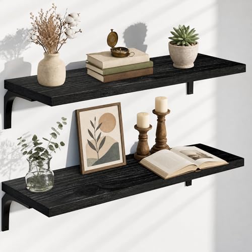 Image of 12 Inch Deep Floating Shelves Set of 2, 36 Inch Extra Wide Black Solid Wood Wall Shelves with 100 lbs Capacity, Heavy Duty Farmhouse Wall Mounted Shelving for Kitchen, Living Room & Bathroom