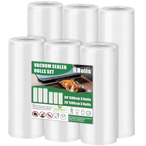 Vakuumierbeutel 6 Rollen Set - 3 Rollen 30x600cm & 3 Rollen 20x600cm Vakuumierfolie 190m - Vakuumrollen BPA-frei für Alle Vakuumierer Kochfest und Sous Vide Gefrierbeutel