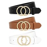 SANSTHS 3 Pack Women Waist Belts for Jeans Pants Dresses, Ladies Belt with Double O-Ring Gold Buckle, Black+Brown+White M