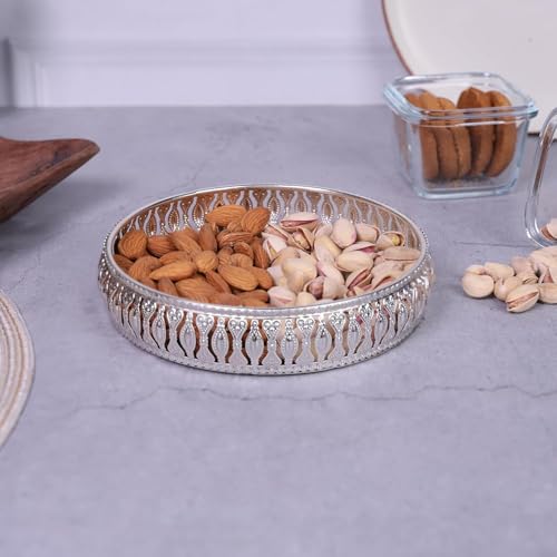 Image of German Silver Plated Round Decorative Tray - 6x6 Inch | Premium Pooja & Gift Tray for Diwali, Anniversary, Housewarming & Birthday | (Pack of 1)